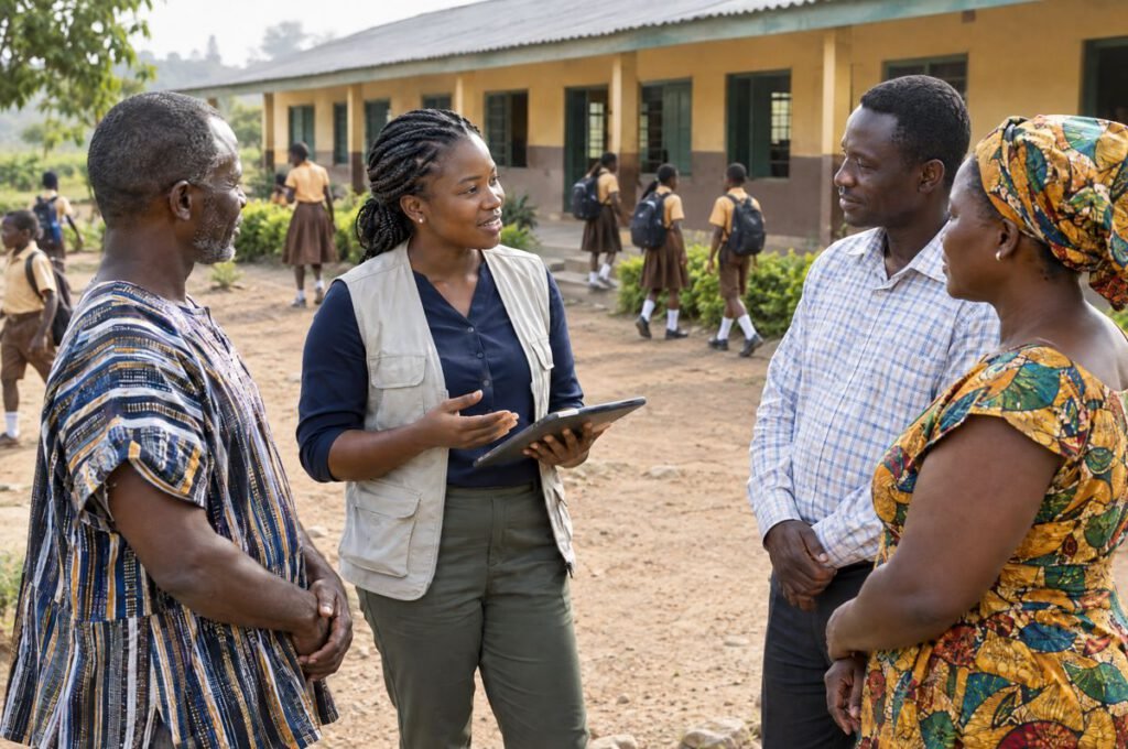 A programme officer with a tablet speaks with a head teacher and parents at a school