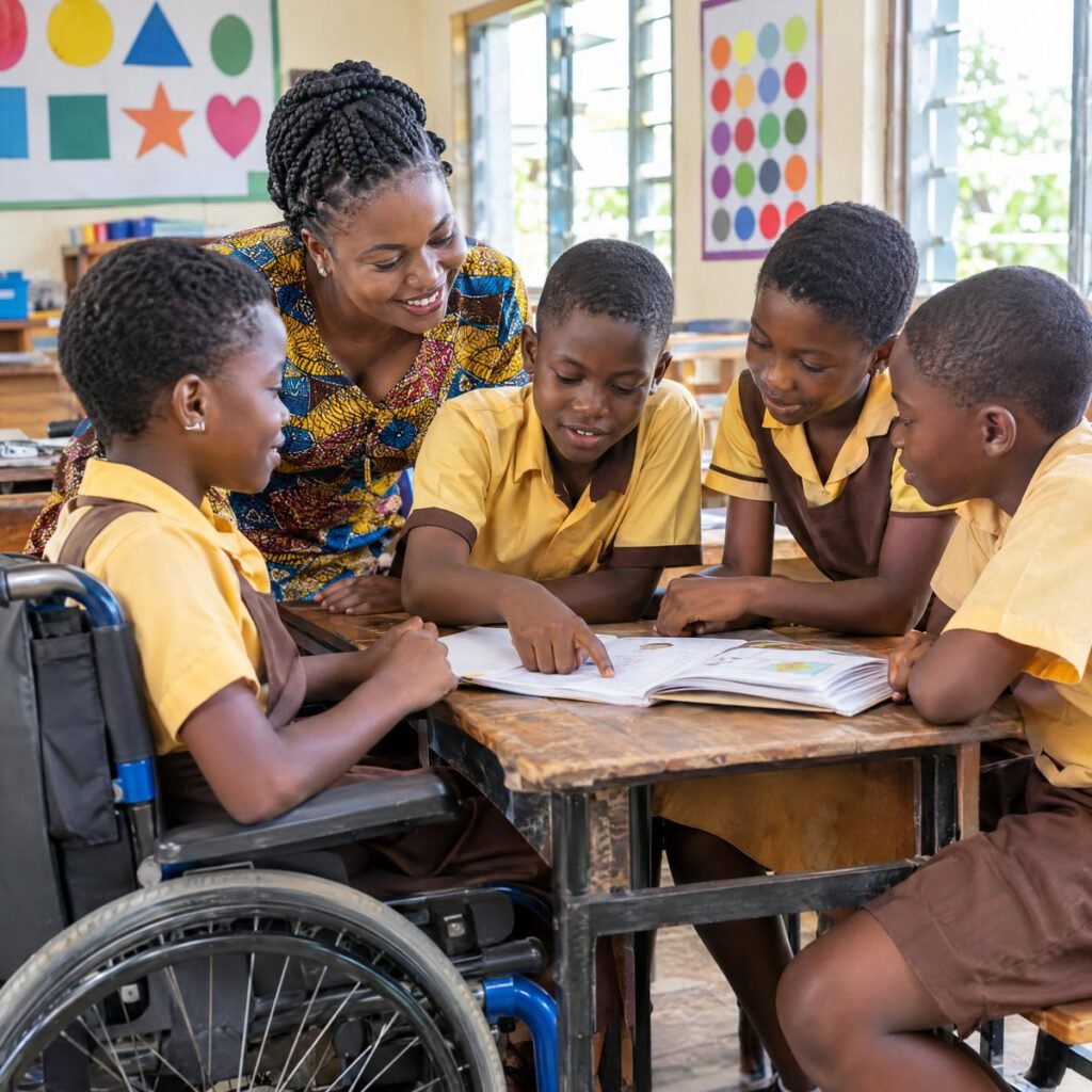 A teacher works with a small group of learners, including a learner who uses a wheelchair, in a bright Ghanaian classroom