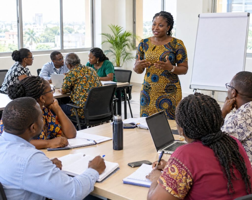 An education specialist leads a professional development workshop with teachers and school leaders